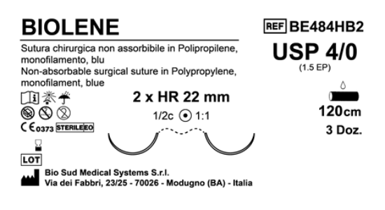 Sutura Biolene HR22 USP 4-0  - EP 1.5 120 cm Blue Double Armed  Box 36 pcs