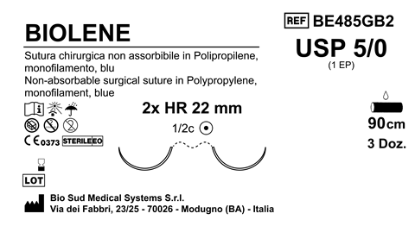Sutura Biolene HR22 USP 5-0 - EP 1 90 cm Blue Double Armed. Box 36 pcs