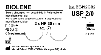 Sutura Biolene HR30 USP 2-0 - EP 3 90 cm Blue Double Armed  Box 36 pcs