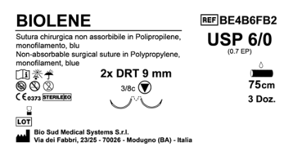 Sutura Biolene DRT 9 USP 6-0 - EP 0.7 75 cm Blue Double Armed  Box 36 pcs