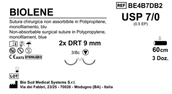 Sutura Biolene DRT 9 USP 7-0 - EP 0.5 60 cm Blue Double Armed  Box 36 pcs
