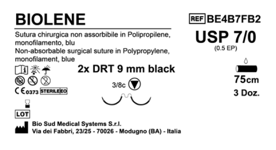 Sutura Biolene DRT 9 USP 7-0 - EP 0.5 75 cm Blue Doub.Arm. Black Needle Box 36 pcs