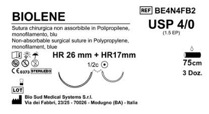 Sutura Biolene HR 26 + HR 17 USP 4-0  - EP 1.5 75 cm Blue Double Armed  Box 36 pcs