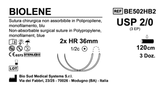 Sutura Biolene HR36 USP 2-0 - EP 3 120 cm Blue Double Armed  Box 36 pcs