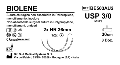 Sutura Biolene HR 36 USP 3-0 - EP 2 30 cm Undyed Double Armed  Box 36 pcs