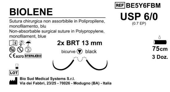 Sutura Biolene BRT 13 USP 6-0 - EP 0.7 75 cm Blue Doub.Arm.;Black Needle;Box36pcs