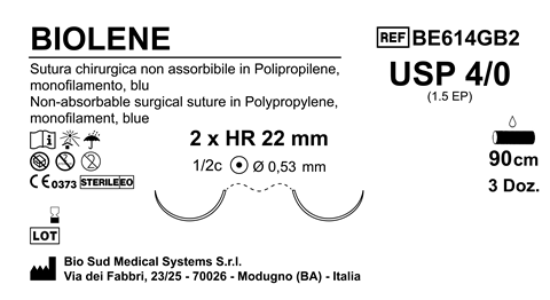 Sutura Biolene HRS22 USP 4-0  - EP 1.5 90 cm Blue Double Armed Box 36 pcs