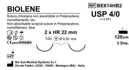 Sutura Biolene HRS22 USP 4-0  - EP 1.5 120 cm Blue Double Armed  Box 36 pcs