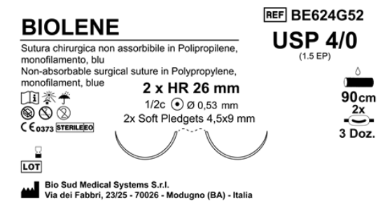 Sutura Biolene HRS 26 USP 4-0  - EP 1.5 90 cm Blue with 2 PLD 4.5x9 mm Double Armed; Box 36 pcs