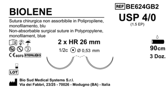 Sutura Biolene HR26 (DIAM.0.53MM) USP 4-0  - EP 1.5 90 cm Blue Double Armed  Box 36 pcs