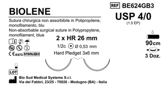 Sutura Biolene HRS 26 USP 4-0  - EP 1.5 90 cm Blue Doub.Arm. Pledget Hard 3x6 Box 36