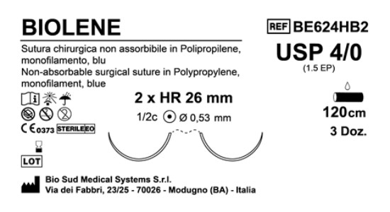 Sutura Biolene HRS26 USP 4-0  - EP 1.5 120 cm Blue Double Armed  Box 36 pcs