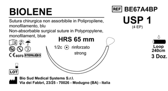 Sutura Biolene HRS 65 USP 1 - EP 4 240 cm Blue Loop  Box 36 pcs