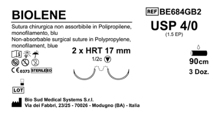 Sutura Biolene HRT17 USP 4-0  - EP 1.5 90 cm Blue Double Armed  Box 36 pcs