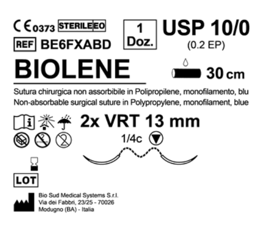 Sutura Biolene VRT 13 USP 10-0 - EP 0.2 30 cm Blue Double Armed  N.12 Bs. per Box