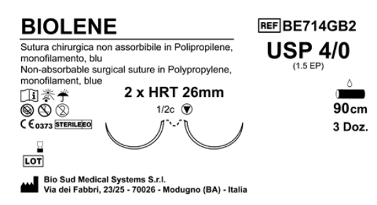 Sutura Biolene HRT26 USP 4-0  - EP 1.5 90 cm Blue Double Armed  Box 36 pcs