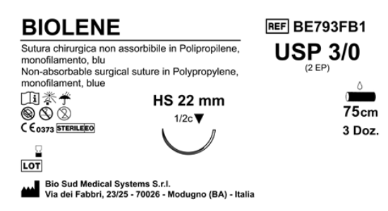 Sutura Biolene HS22 USP 3-0 - EP 2 75 cm Blue Box 36 pcs