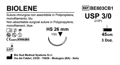 Sutura Biolene HS 26 USP 3-0 - EP 2 45 cm Blue Box 36 pcs