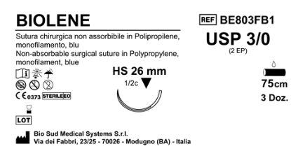 Sutura Biolene HS26 USP 3-0 - EP 2 75 cm Blue Box 36 pcs