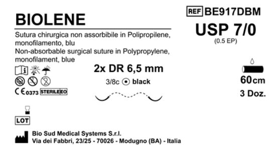 Sutura Biolene DR 6.5 USP 7-0 - EP 0.5 60 cm Blue Doub.Arm. Black Needle Box36pcs