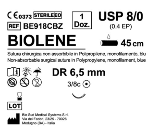 Sutura Biolene DR 6.5 USP 8-0 - EP 0.4 45 cm Blue Box 12 pcs