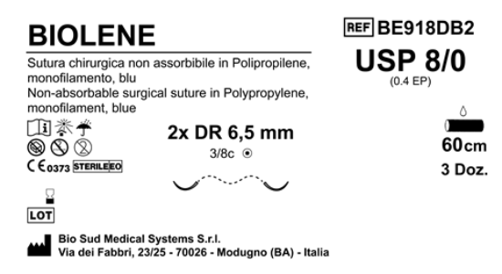 Sutura Biolene DR6.5 USP 8-0 - EP 0.4 60 cm Blue Double Armed  Box 36 pcs