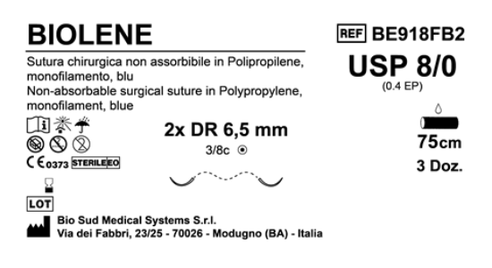 Sutura Biolene DR6.5 USP 8-0 - EP 0.4 75 cm Blue Double Armed  Box 36 pcs