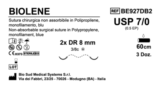 Sutura Biolene DR8 USP 7-0 - EP 0.5 60 cm Blue Double Armed  Box 36 pcs