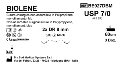 Sutura Biolene DR8 USP 7-0 - EP 0.5 60 cm Blue Doub.Arm. Black Needle Box 36 pcs