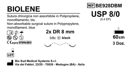 Sutura Biolene DR8 USP 8-0 - EP 0.4 60 cm Blue Doub.Arm. Black Needle Box 36 pcs