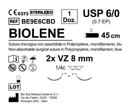 Sutura Biolene VZ 8 USP 6-0 - EP 0.7 45 cm Blue Double Armed; N.12 Bs. per Box