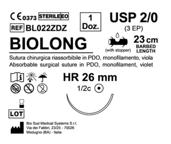 Sutura Biolong HR 26 USP 2-0 - EP 3 23 cm Violet Barbed Box 12 pcs