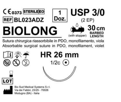 Sutura Biolong HR 26 USP 3-0 - EP 2 30 cm Violet Barbed Box 12 pcs