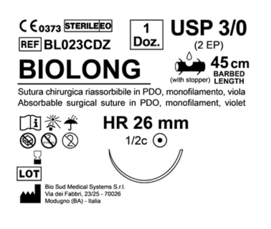 Sutura Biolong HR 26 USP 3-0 - EP 2 45 cm Violet Barbed Box 12 pcs