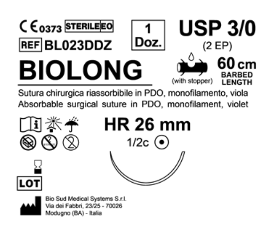 Sutura Biolong HR 26 USP 3-0 - EP 2 60 cm Violet Barbed Box 12 pcs