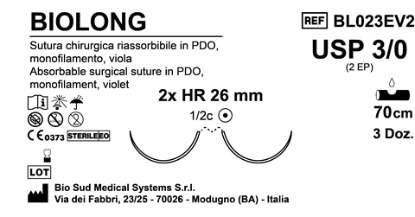 Sutura Biolong HR26 USP 3-0 - EP 2 70 cm Violet Double Armed  Box 36 pcs