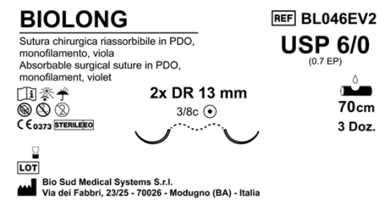Sutura Biolong DR 13 USP 6-0 - EP 0.7 70 cm Violet Double Armed  Box 36 pcs