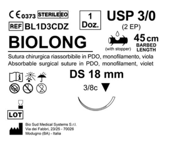 Sutura Biolong DS 18 USP 3-0 - EP 2 45 cm Violet Barbed Box 12 pcs