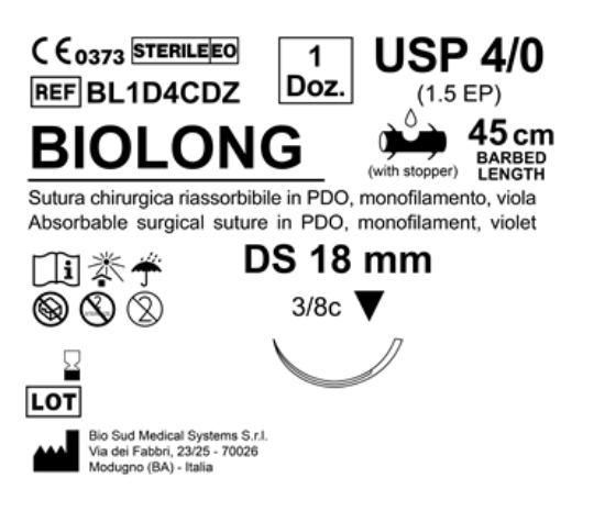 Sutura Biolong DS 18 USP 4-0  - EP 1.5 45 cm Violet Barbed Box 12 pcs
