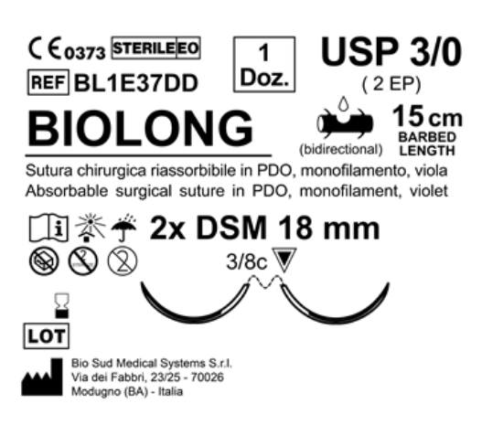 Sutura Biolong DSM 18 USP 3-0 - EP 2 15 cm (7+7) Violet Barbed Double Armed; N.12 Bs. per Box