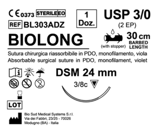 Sutura Biolong DSM 24 USP 3-0 - EP 2 30 cm Violet Barbed Box 12 pcs