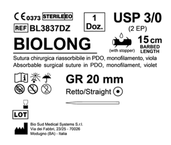 Sutura Biolong GR 20 USP 3-0 - EP 2 15 cm Violet Barbed Box 12 pcs