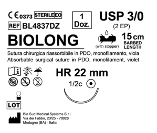 Sutura Biolong HR 22 USP 3-0 - EP 2 15 cm Violet Barbed Box 12 pcs