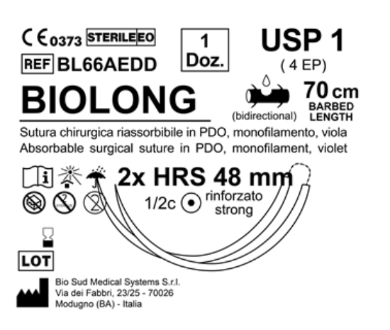 Sutura Biolong HRS 48 USP 1 - EP 4 70 cm 35+35 Violet Barbed Double Armed; N.12 Bs. per Box
