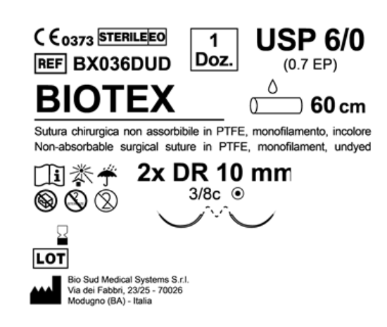 Sutura Biotex DR 10 USP 6-0 - EP 0.7 60 cm Undyed Double Armed  N.12 Bs. per Box