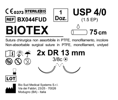 Sutura Biotex DR 13 USP 4-0  - EP 1.5 75 cm Undyed Double Armed  N.12 Bs. per Box
