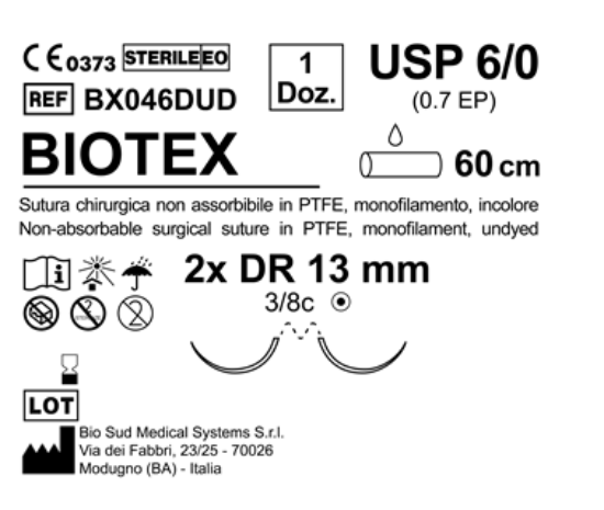Sutura Biotex DR 13 USP 6-0 - EP 0.7 60 cm Undyed Double Armed  N.12 Bs. per Box