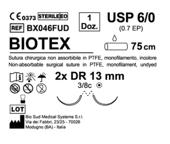 Sutura Biotex DR 13 USP 6-0 - EP 0.7 75 cm Undyed Double Armed  N.12 Bs. per Box