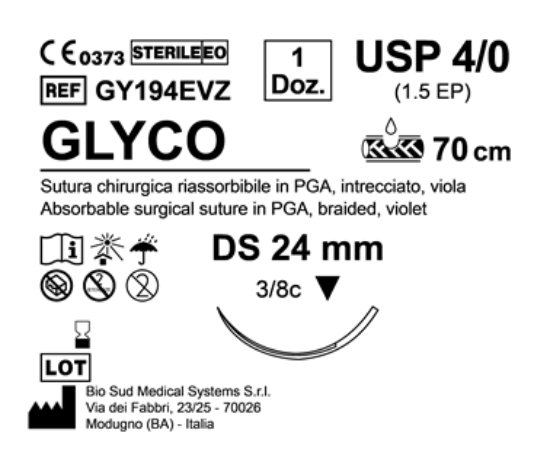 Sutura Glyco DS 24 USP 4-0  - EP 1.5 70 cm Violet Box 12 pcs
