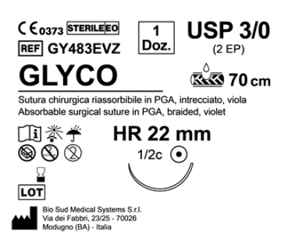 Sutura Glyco HR 22 USP 3-0 - EP 2 70 cm Violet Box 12 pcs
